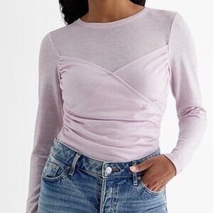 Express Fitted Shine Lightweight Crew Neck Faux Wrap Front Tee